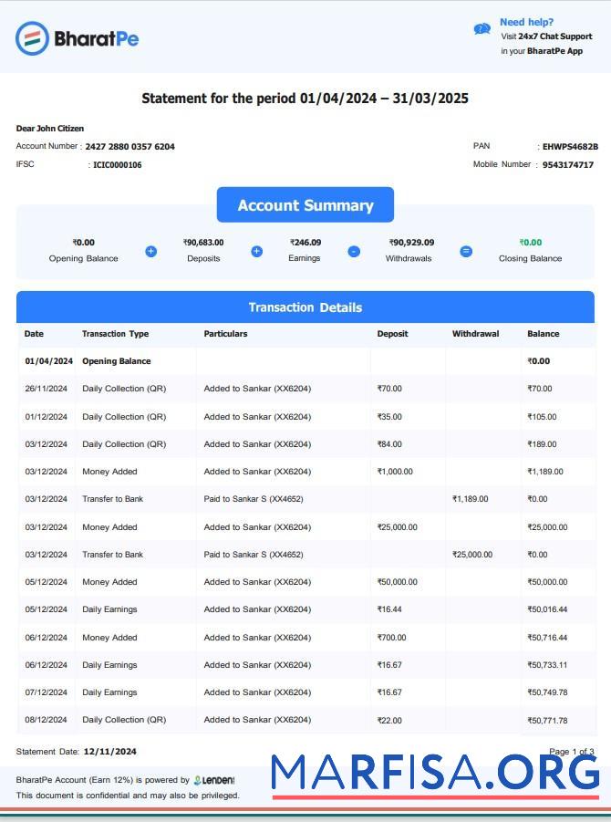 Downloadable India Bharatpe bank statement word template